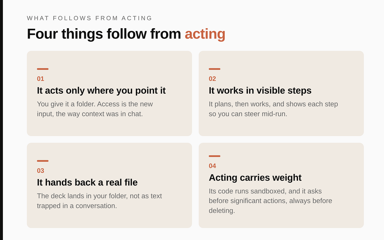 Cowork works in visible steps you can watch and steer, and saves a real file in your folder